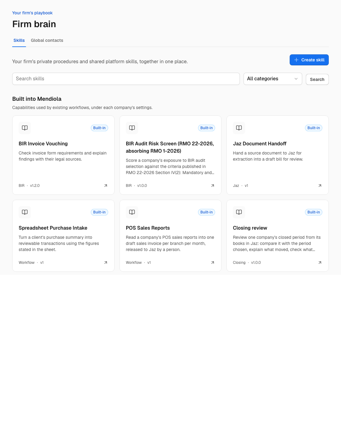 Built-in workflow skills listed in Firm brain using a synthetic demo firm